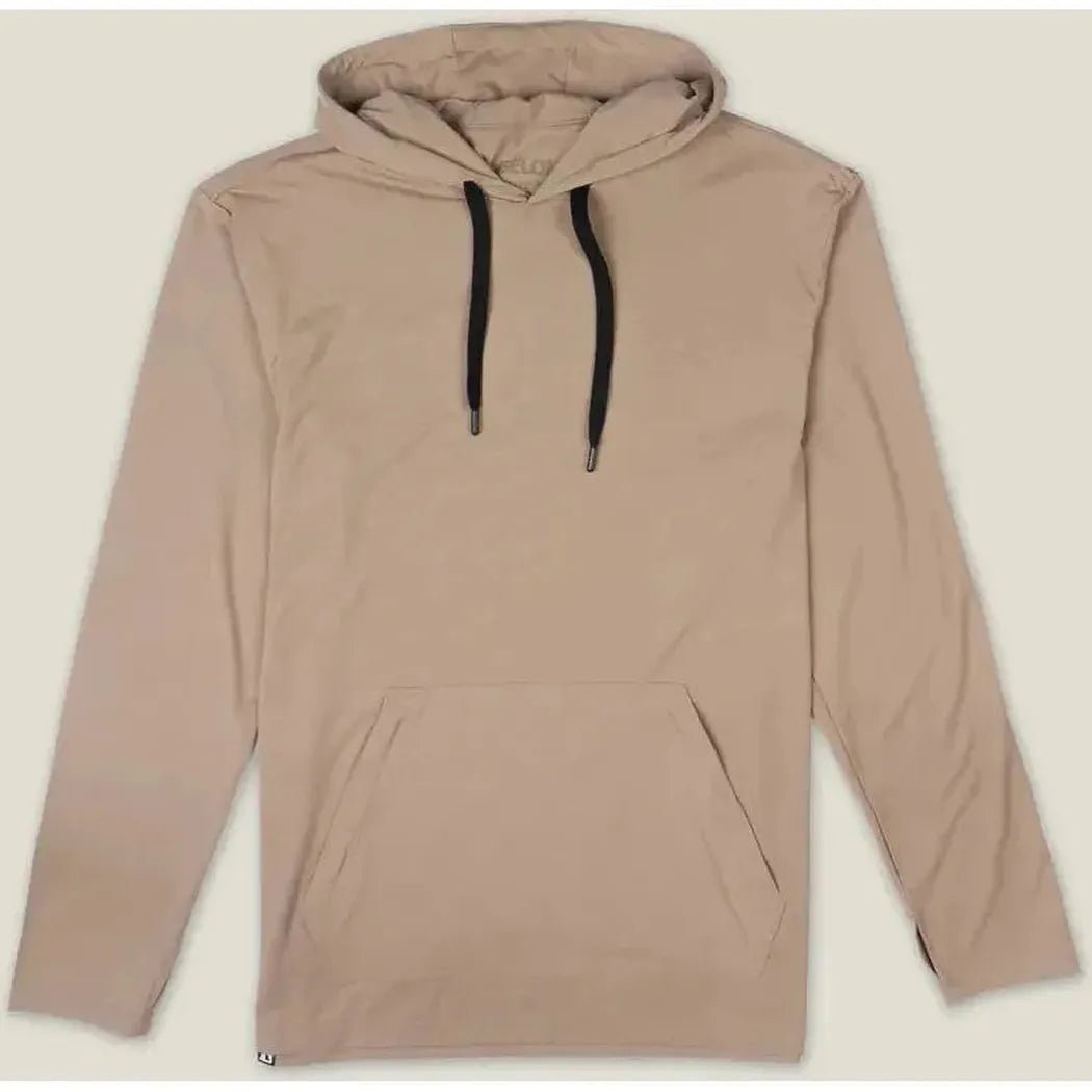 A front view of the Belong Designs Men's Core Traverse Tek Hoodie in Dust showing the front pocket and black drawstrings against a light background.