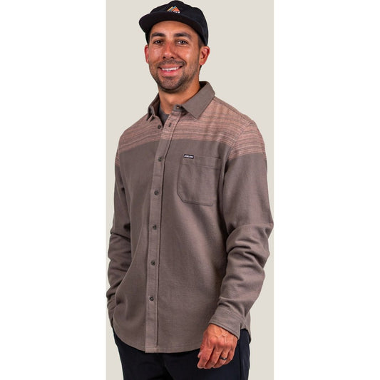 Front view of the Belong Designs Men's Douglas Flannel 2.0 in Granby Clay with a model wearing it against a plain background.