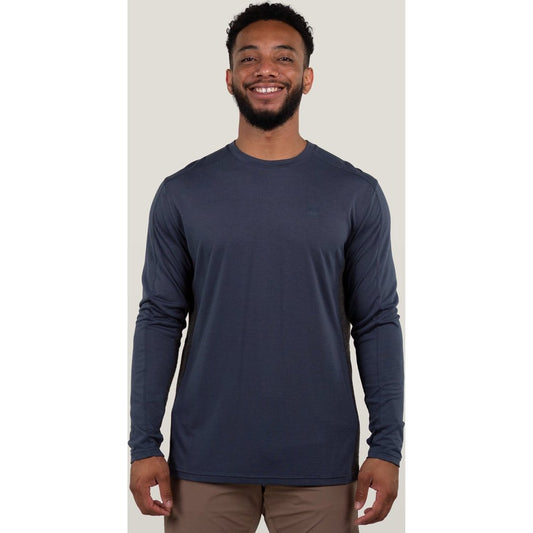 Front view of the Belong Designs Men's Dyer Tek Long Sleeve in Midnight Core on a model against a light background.