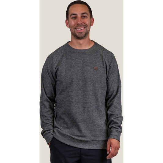 Front view of the Belong Designs Men's Powell Fleece Crewneck in Ash with a model wearing it against a light background.