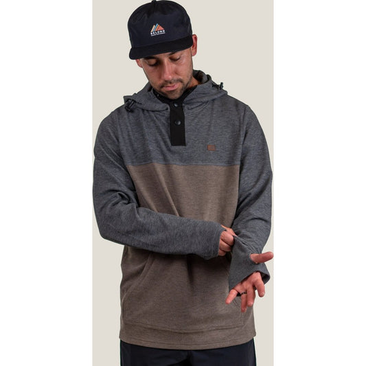 Front view of the Belong Designs Men's Powell Fleece Hoodie in Vintage Ash with a model adjusting the cuff against a plain background.