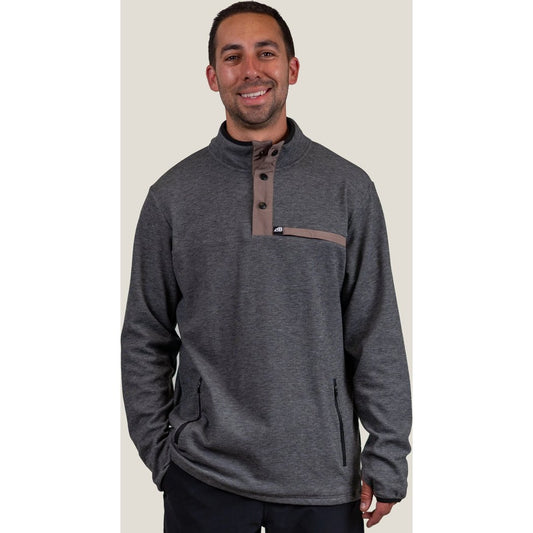 Front view of the Belong Designs Men's Powell Fleece Pullover in Ash with a model wearing it against a light background.