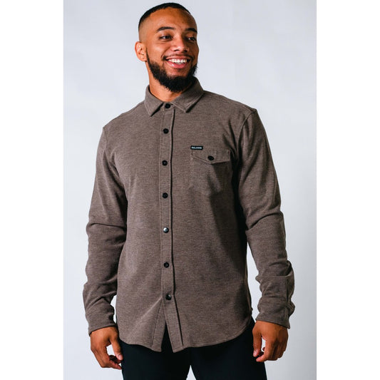 Front view of the Belong Designs Men's Sherman Fleece Button Up in Brown on a model against a light background.