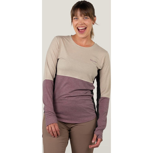 Front view of the Belong Designs Women's Dyer Tek Long Sleeve in Sand Flume showing a model wearing it against a plain background.