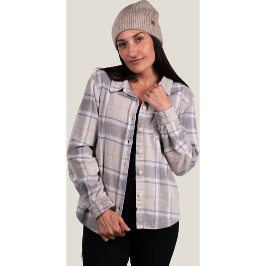 Front view of the Belong Designs Women's Kenosha Flannel 2.0 in Durango Stone with a model wearing it against a plain background.