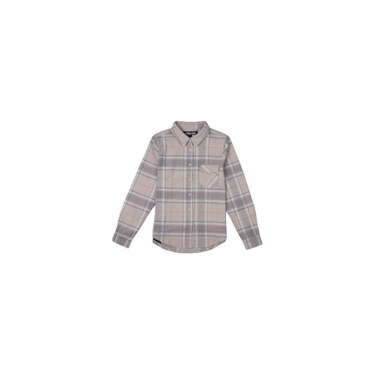 Front view of the Belong Designs Women's Kenosha Flannel 2.0 in Durango Stone with a plaid pattern against a white background.
