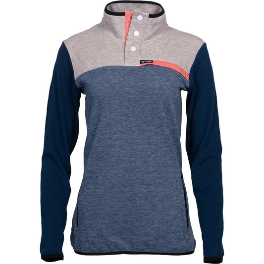 Front view of the Belong Designs Women's Powell Fleece Pullover in Vintage Dusty Blue with a gray upper panel and coral accent stripe.