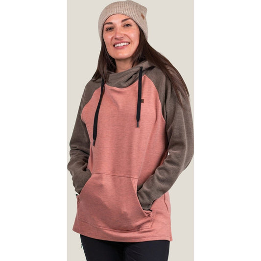 Front view of the Belong Designs Women's Torreys Fleece Hoodie Pullover in Brown Clay with a model wearing it against a plain background.