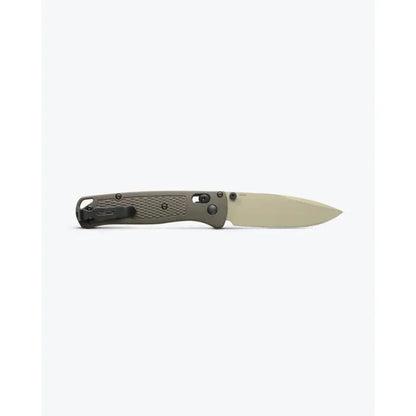 A side view of the Benchmade Bugout knife with a charcoal/gray handle and light-colored blade against a plain white background.