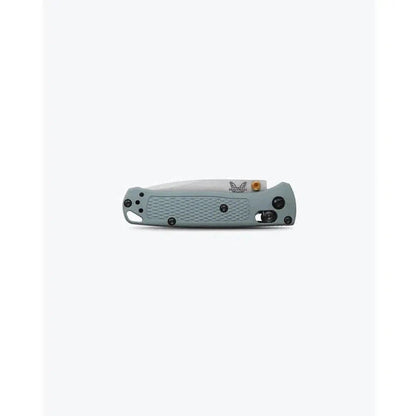 Side view of the Benchmade Mini Bugout knife with a textured handle and pocket clip against a white background.