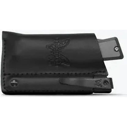 A black Benchmade Successor knife sheath with an embossed logo, showing the knife partially extended and a metal clip, photographed from a front angle against a white background.