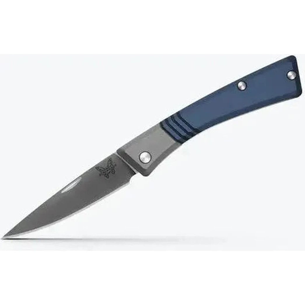 Side view of the Benchmade Successor knife with blue handle and silver accents against a white background.
