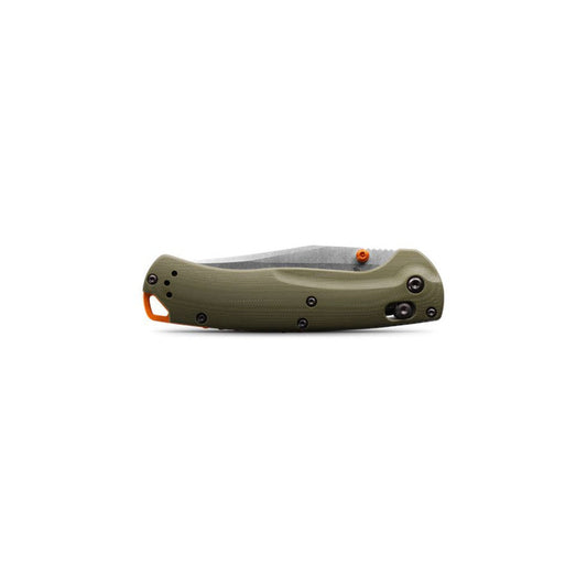 Side view of the Benchmade Taggedout knife in olive green with an orange lanyard hole and a gray blade against a white background.