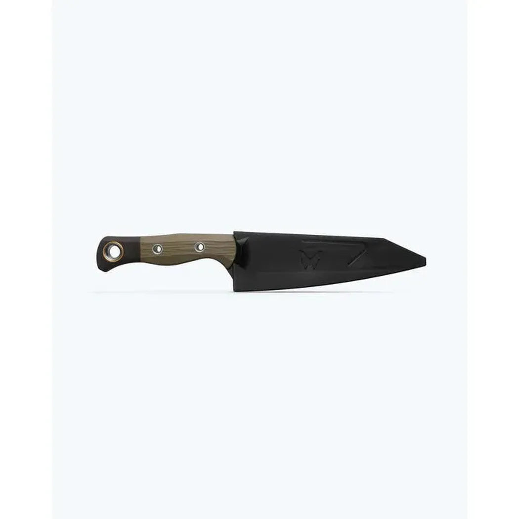 A side view of the Benchmade Wildcoast knife with a natural handle and charcoal blade against a white background.