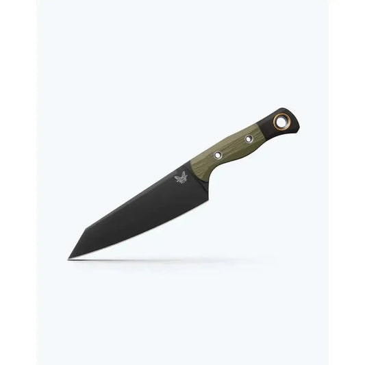 A side view of the Benchmade Wildcoast knife with a green handle and black blade against a white background.