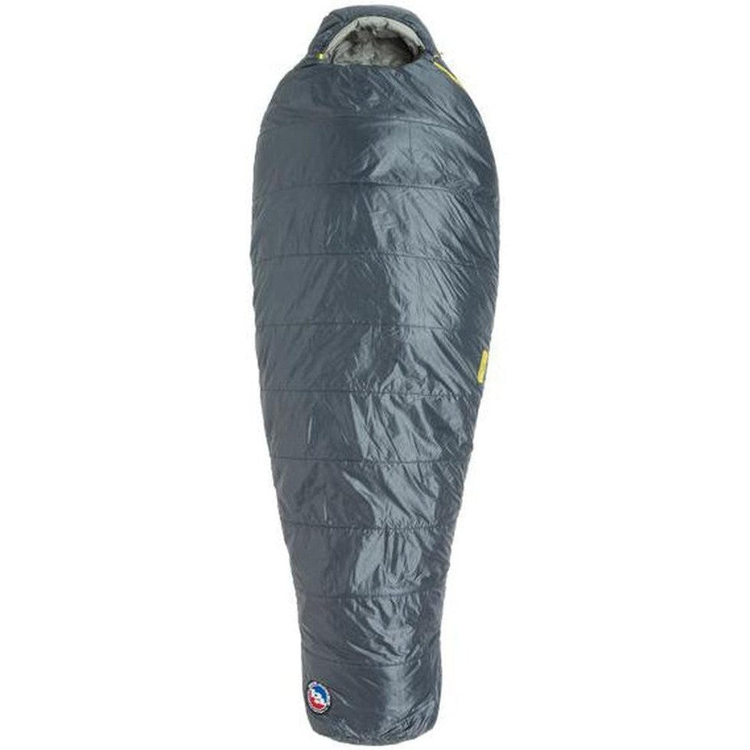 A front view of the Big Agnes Anthracite 20F sleeping bag with a gray exterior and a yellow accent, displayed against a white background.
