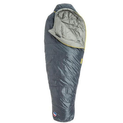 A charcoal Big Agnes Anthracite 20F sleeping bag with a gray interior and yellow zipper detail, displayed against a white background.