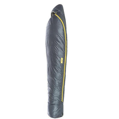Side view of the Big Agnes Anthracite 30F FireLine sleeping bag with yellow zipper against a white background.