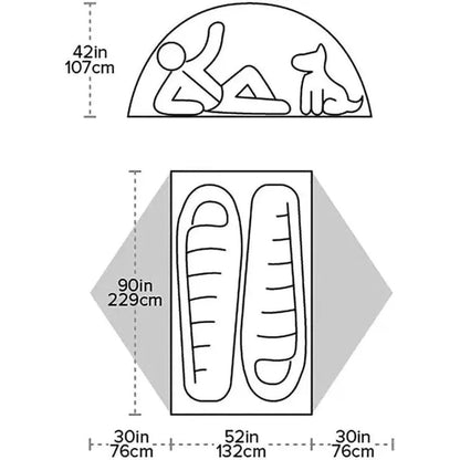 The Big Agnes Blacktail 2 tent dimensions diagram shows a 42in height and 90in width layout with Warm Olive Chinois Green color.