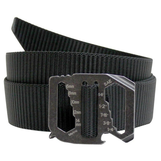 A black Bison 38mm – Kool Tool Buckle belt with a metal buckle showing metric and SAE measurements, displayed against a white background.