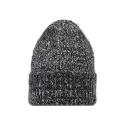 A front view of the Buff Knitted Beanie - Irna in Graphite with a folded cuff, set against a plain white background.