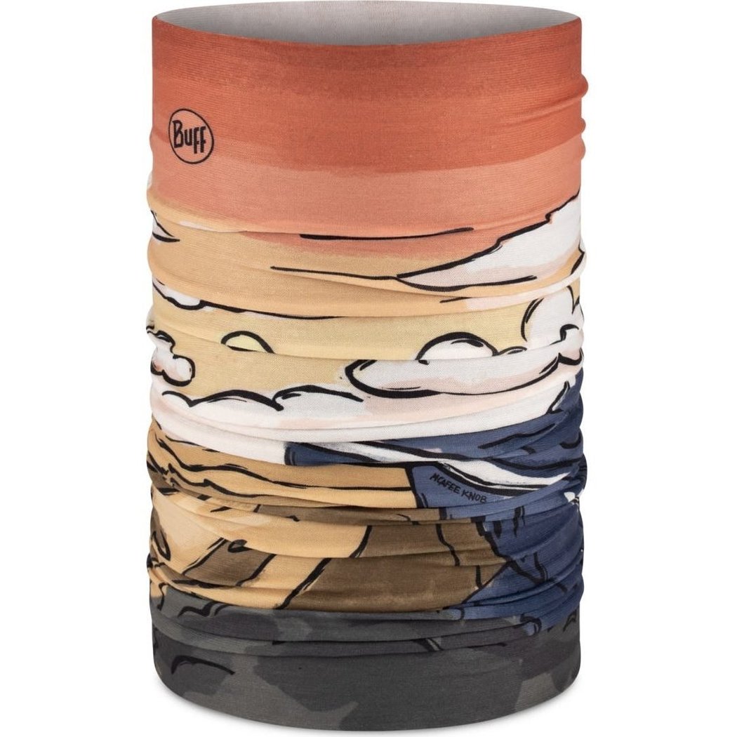 Close-up of the Buff Knoxlip Multi bandana showing its multi-colored, patterned design against a plain background.