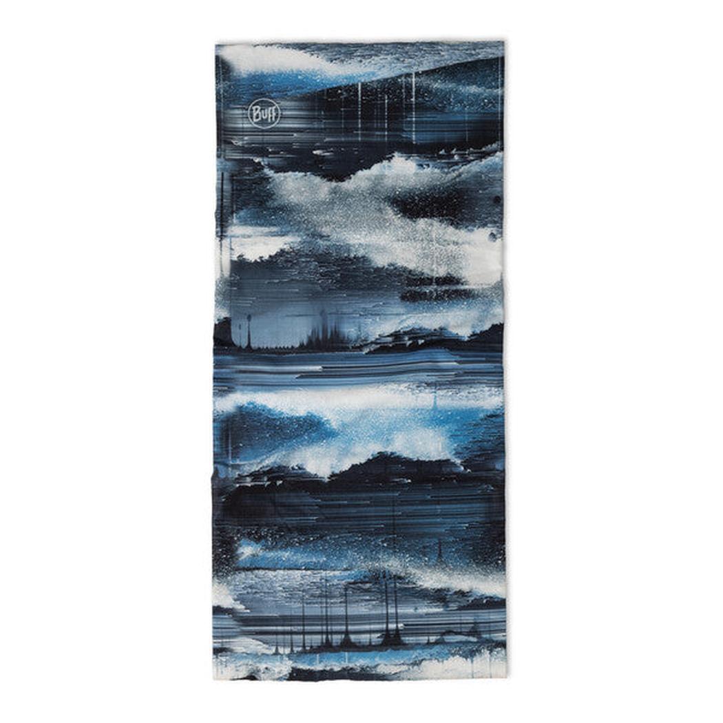 A blue Buff Original EcoStretch - Oser bandana with a stormy, abstract landscape design.