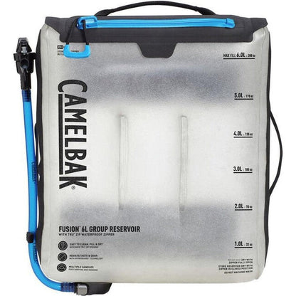 A front view of the CamelBak Fusion 6L Group Reservoir with blue accents and measurement markings on a white background.