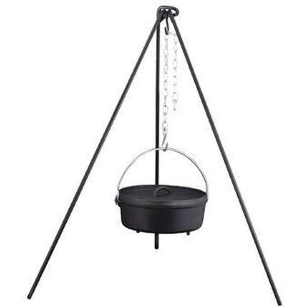 A black Camp Chef Dutch Oven Tripod with a hanging cast iron pot, photographed from a front angle against a white background.