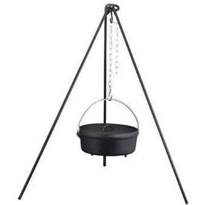 A black Camp Chef Dutch Oven Tripod with a hanging cast iron pot, photographed from a front angle against a white background.