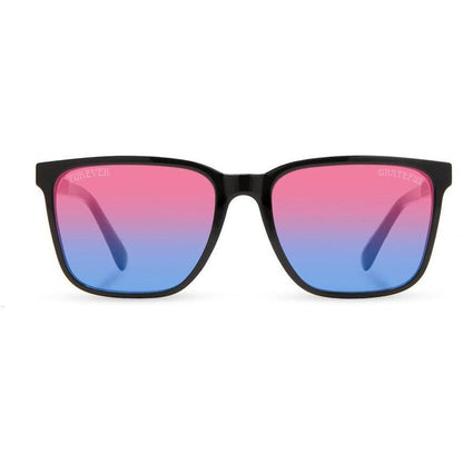 Black Camp Eyewear Crag sunglasses with pink to blue gradient lenses, front view against white background.