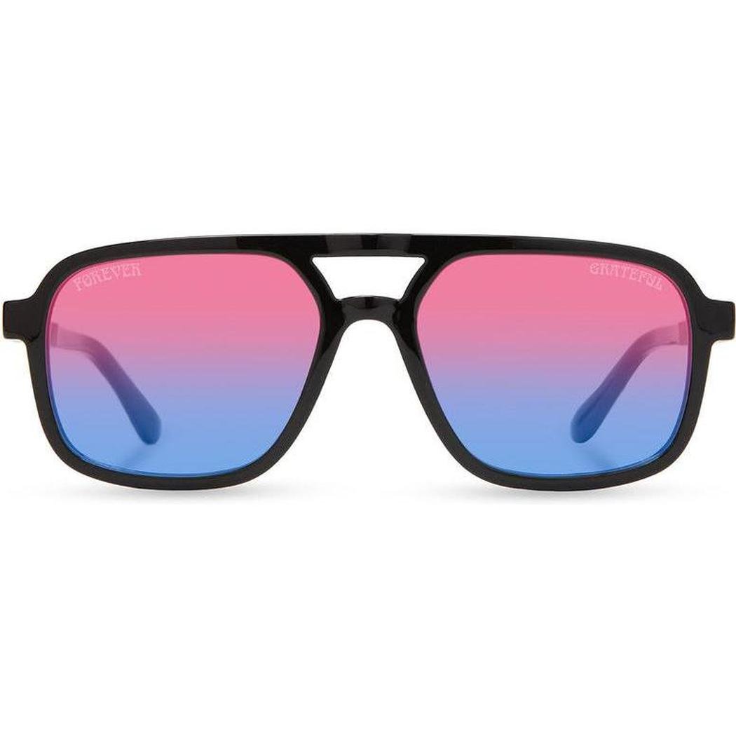 Black Camp Eyewear Glacier: Grateful Dead Stealie Edition sunglasses with gradient pink to blue lenses, shown front on against a white background.