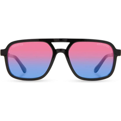 Black Camp Eyewear Glacier: Grateful Dead Stealie Edition sunglasses with gradient pink to blue lenses, shown front on against a white background.