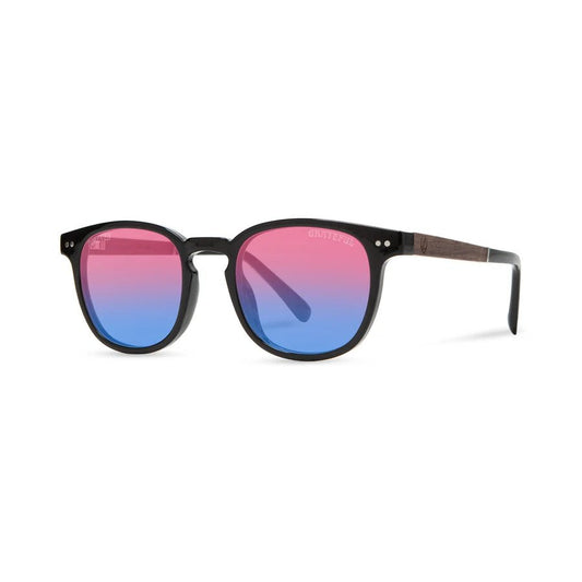 Front view of the Camp Eyewear Topo: Grateful Dead Stealie Edition sunglasses in Desert with Grateful Dead logo engraved, showing gradient pink-to-blue lenses against a white background.
