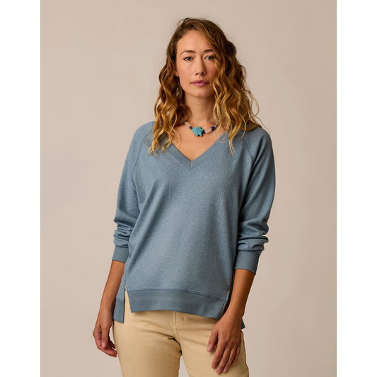 Model wearing the Carve Designs Alena Supersoft Top in Blue Mirage Heather against a neutral background.