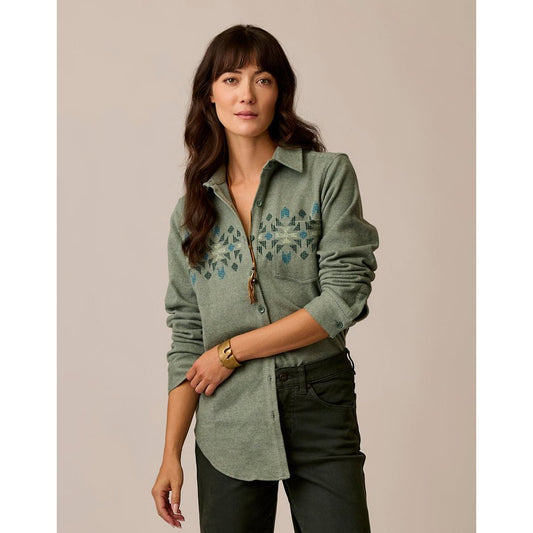 Front view of the Carve Designs Fairbanks Supersoft Shirt in Laurel Motif with a woman wearing it against a neutral background.
