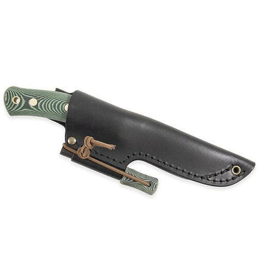 A side view of the Casstrom No.10 Swedish Forest Knife, Green micarta with fire steel, Sleipner, in a black leather sheath against a white background.
