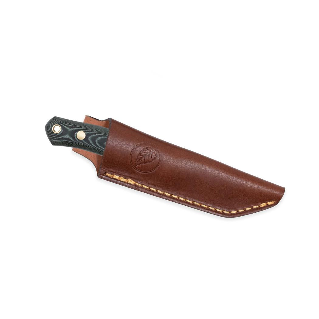 A side view of the Casstrom No 8 Swedish Forest Knife Green Micarta in its brown leather sheath with yellow stitching against a white background.