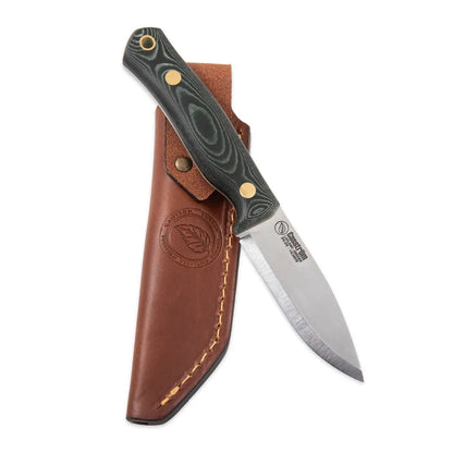 A side view of the Casstrom No 8 Swedish Forest Knife Green Micarta with a brown leather sheath and a white background.