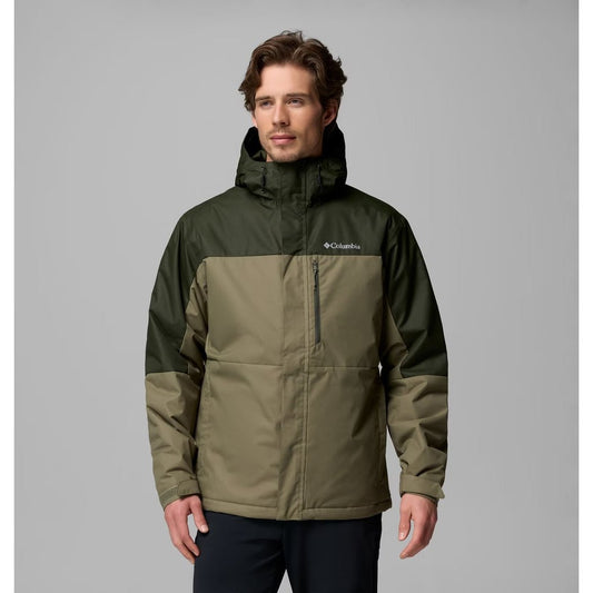Front view of the Columbia Sportswear Men's Hikebound II Insulated Jacket in Stone Green Greenscape on a model against a gray background.