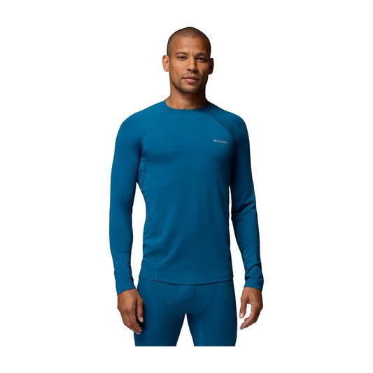 Front view of the Columbia Sportswear Men's Midweight Stretch Long Sleeve Top in 442 Phoenix Bl on a model against a white background.