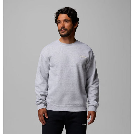 Front view of the Columbia Sportswear Men's Oakwind Crew in 023CityGreyHeat on a model against a grey background.