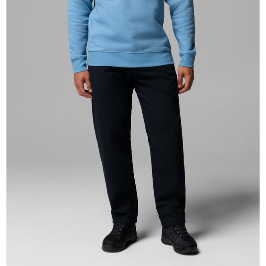 Front view of the Columbia Sportswear Men's Pitchstone Warm Lined Pant in 010 Black/30 on a model against a gray background.