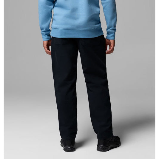 Back view of the Columbia Sportswear Men's Pitchstone Warm Lined Pant in 010 Black/30 on a model against a gray background.
