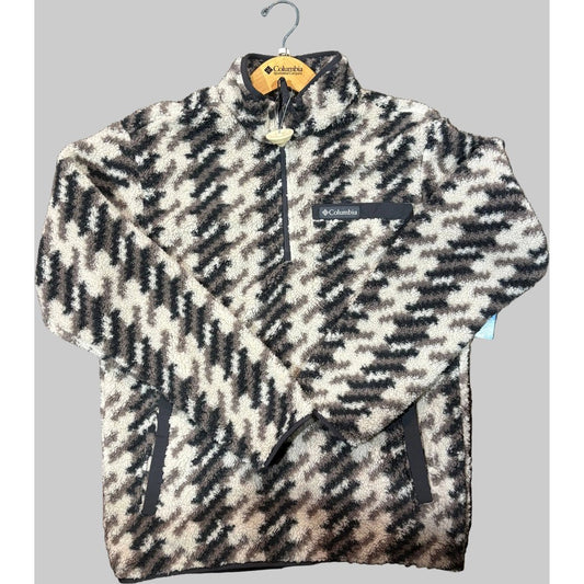 Front view of the Columbia Sportswear Men's Rugged Ridge High Pile Half Zip in 281 DkStnTwls with a black and white pattern, hanging on a wooden hanger against a gray background.