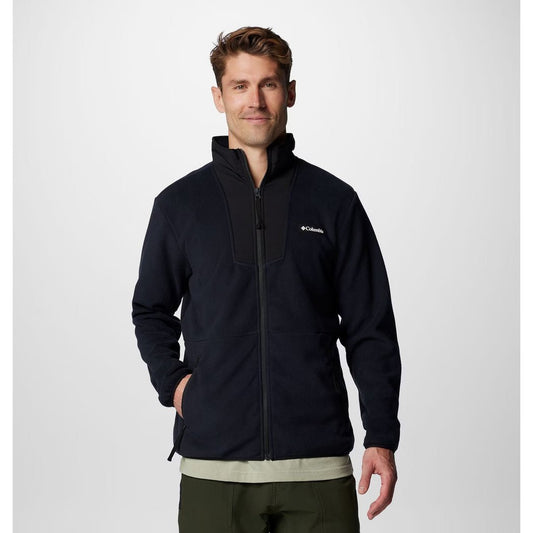 Front view of the Columbia Sportswear Men's Sequoia Grove II FZ Fleece in 257 Delta Black on a model against a white background.