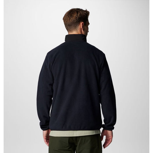 Back view of the Columbia Sportswear Men's Sequoia Grove II FZ Fleece in 257 Delta Black on a model against a white background.