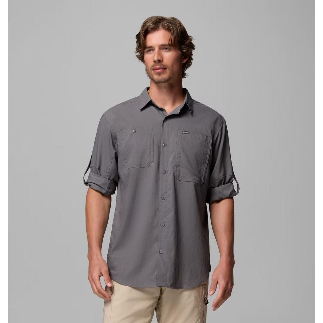 A front view of the Columbia Sportswear Men's Silver Ridge Utility II LS Shirt in City Grey, showing rolled sleeves and a model wearing it against a plain background.