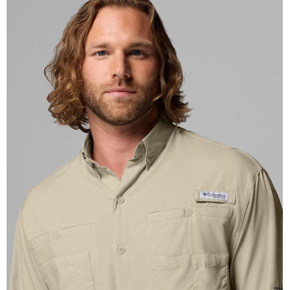 A front view of the Columbia Sportswear Men's Tamiami II Long-Sleeve Shirt in Fossil color, showing the chest pocket and brand tag against a light gray background.