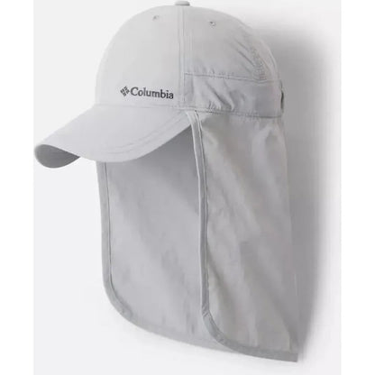 A front view of the Columbia Sportswear Schooner Bank II Cachalot hat in Ancient Fossil with a neck flap, displayed against a plain white background.